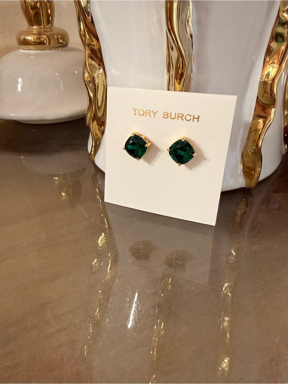 Tory Burch Gold-Tone Stud Earrings with Deep Green Crystals